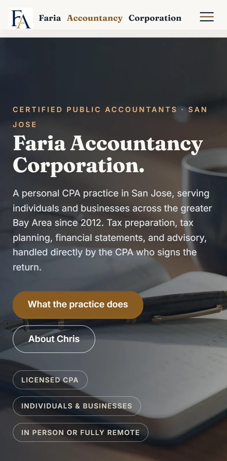 The new Faria Accountancy Corporation home page on a phone, first screen