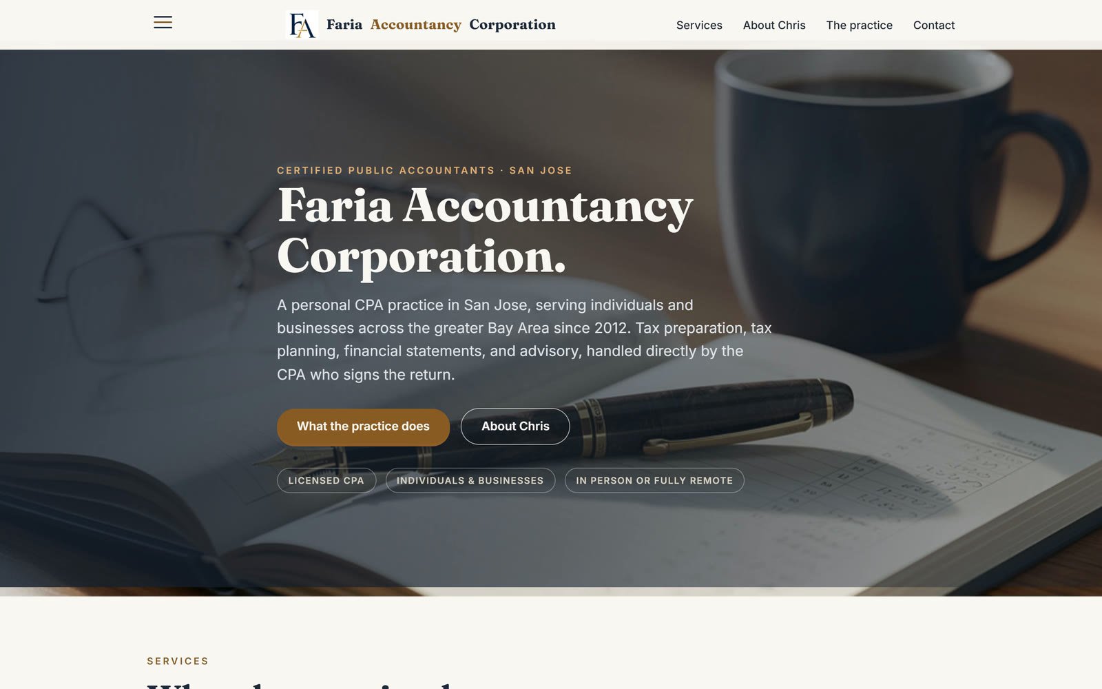 The Faria Accountancy Corporation home page: the firm's name as the headline over a photo of a desk with a coffee cup, glasses and a pen, and buttons for what the practice does and about Chris