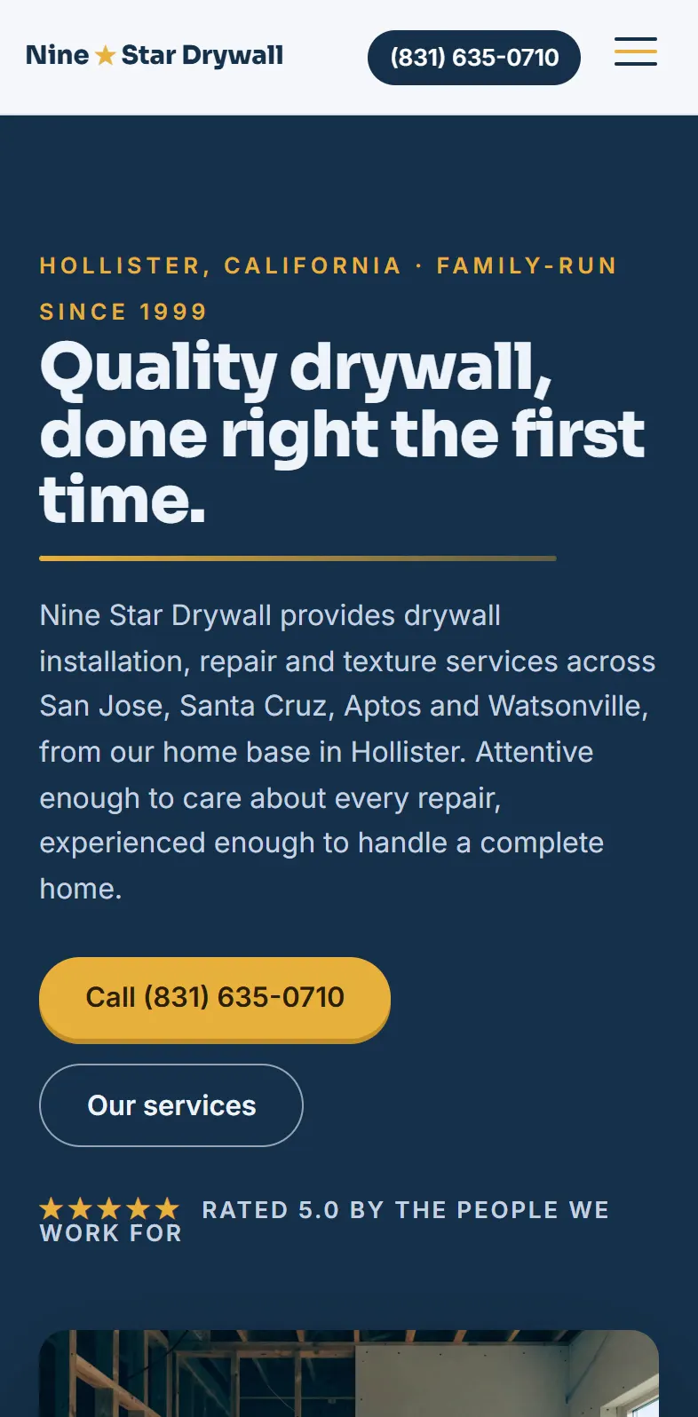 The new Nine Star Drywall home page on a phone, first screen