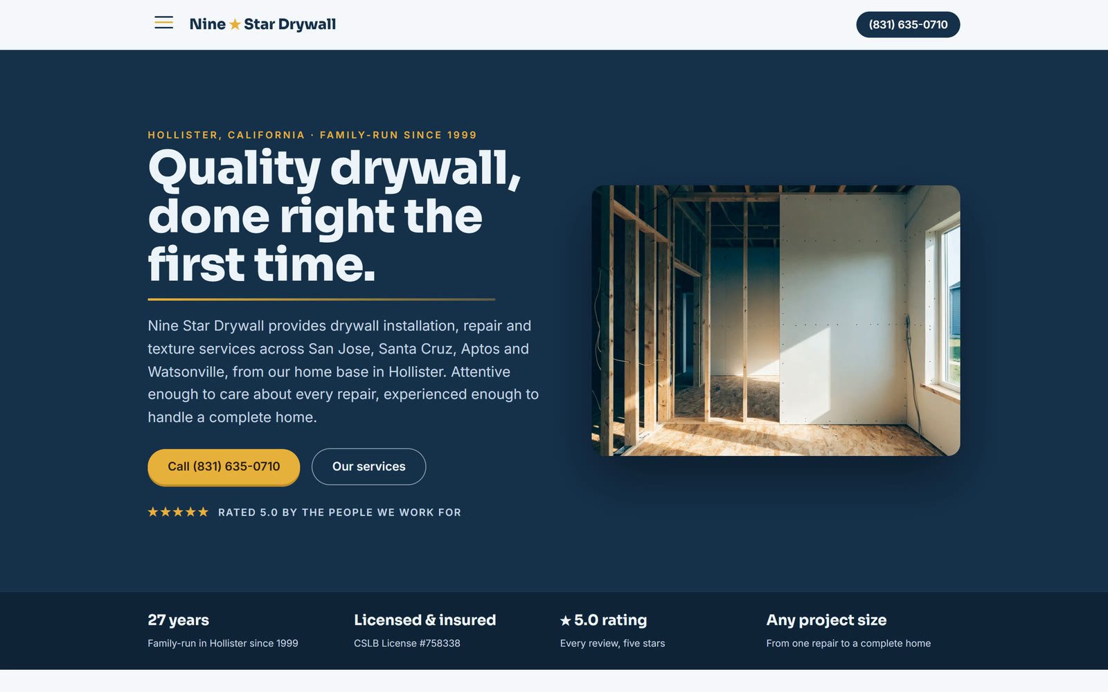 The Nine Star Drywall home page: the headline Quality drywall, done right the first time, a Call button with the phone number, and a photo of a framed room half finished in drywall