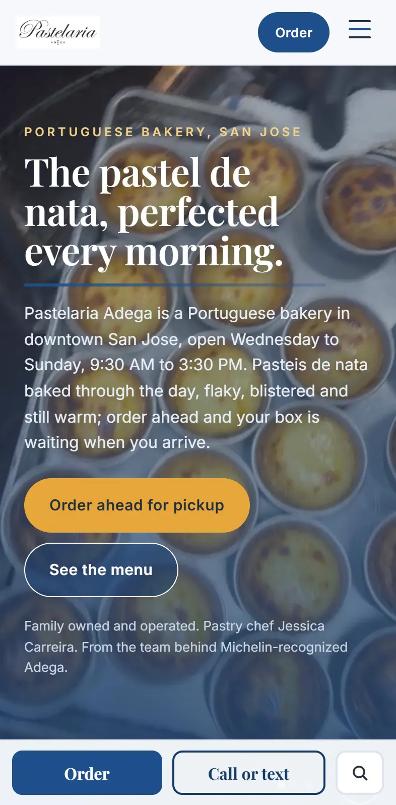 After: the new Pastelaria Adega home page on a phone, first screen