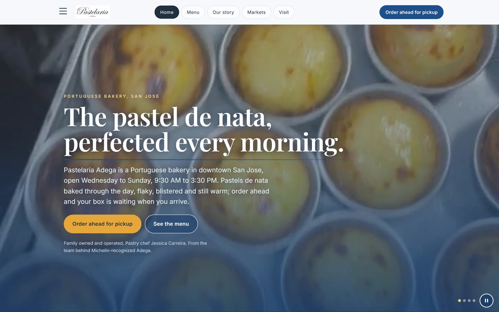 The Pastelaria Adega home page: the headline The pastel de nata, perfected every morning, over a photo of a tray of custard tarts, with Order ahead for pickup and See the menu buttons