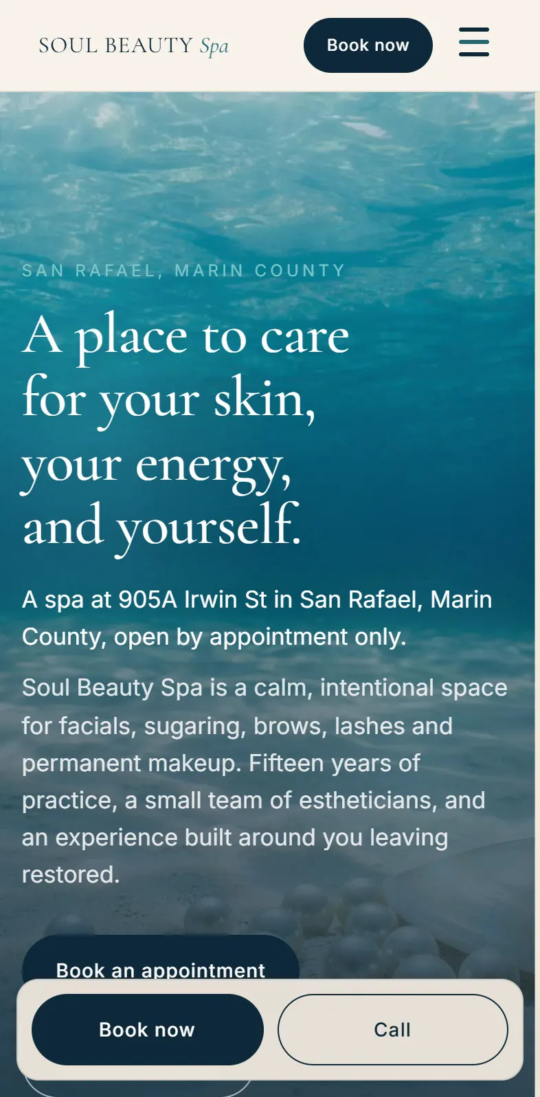 After: the new Soul Beauty Spa home page on a phone, first screen
