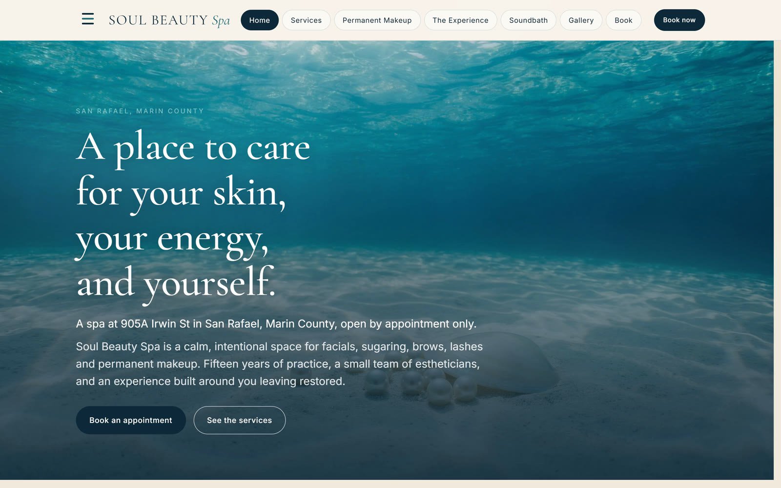 The Soul Beauty Spa home page: the headline A place to care for your skin, your energy, and yourself, over an underwater light scene, with Book an appointment and See the services buttons