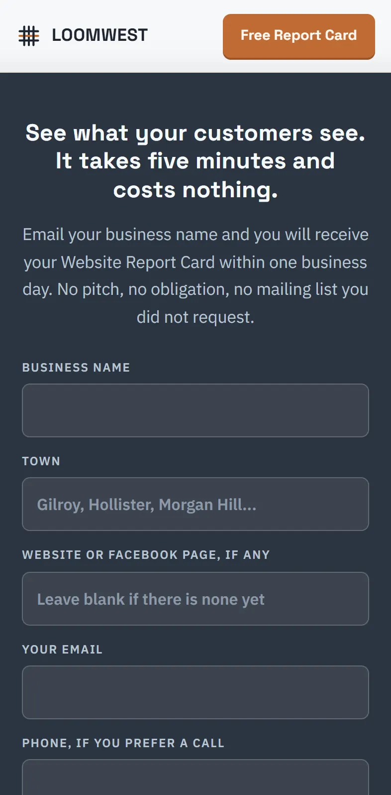 Before: the last section of the launch page on a phone: See what your customers see, and a form to request the free Report Card