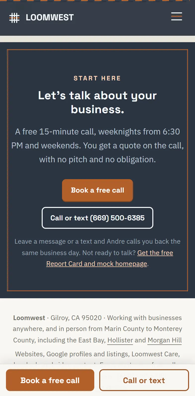 After: the last section of today's home page on a phone: Let's talk about your business., Book a free call, Call or text, and the free Report Card and mock homepage
