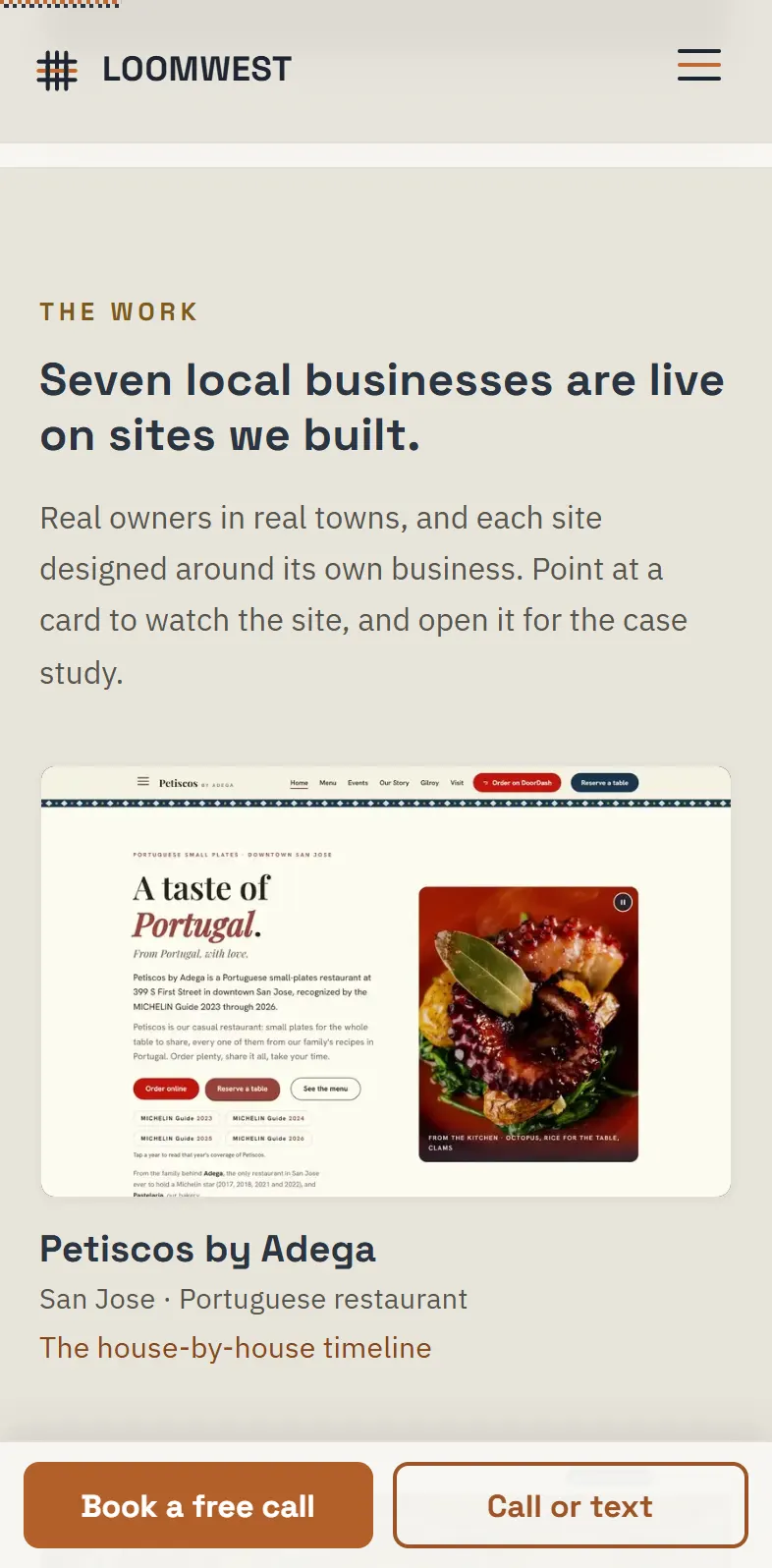 After: the work on today's home page on a phone: Seven local businesses are live on sites we built., with the Petiscos by Adega card